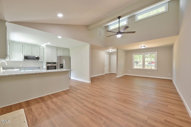 369 Historic Village Dr, Roxboro, NC 27574 - kitchen with stainless steel appliances, a peninsula, light wood-style flooring, open floor plan, and high vaulted ceiling