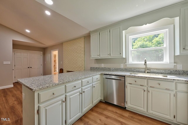 369 Historic Village Dr, Roxboro, NC 27574 - kitchen with stainless steel dishwasher, a peninsula, light wood-style floors, white cabinets, and recessed lighting