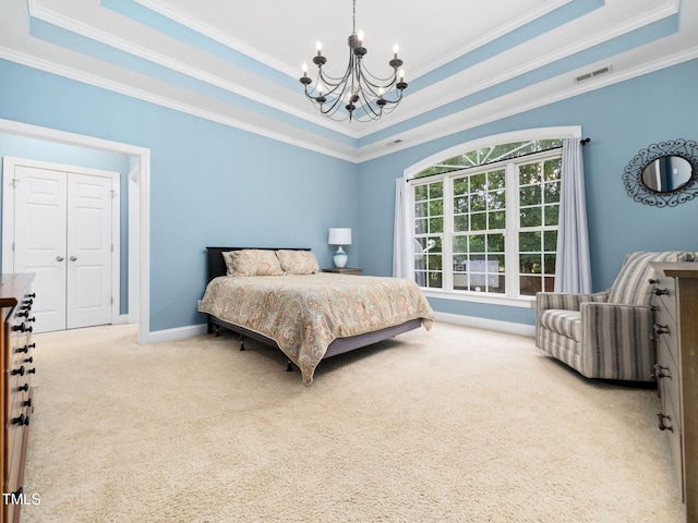 20 Little River Ct, Youngsville, NC 27596 - bedroom featuring a raised ceiling, a chandelier, carpet, and crown molding