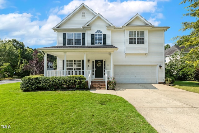 1201 Woodlands Creek Way, Apex, NC 27502 - traditional home featuring a porch, a garage, concrete driveway, and a front yard