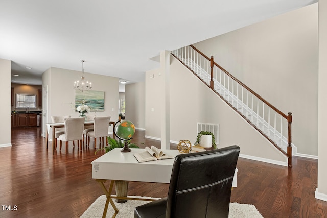 1201 Woodlands Creek Way, Apex, NC 27502 - dining room with dark wood-type flooring, a chandelier, stairway, and healthy amount of natural light