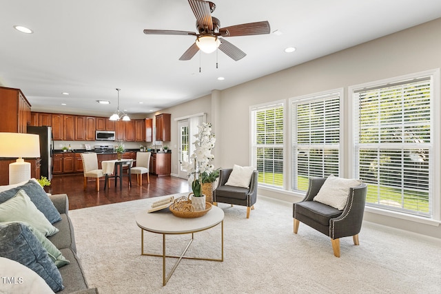 1201 Woodlands Creek Way, Apex, NC 27502 - living area with recessed lighting and a ceiling fan