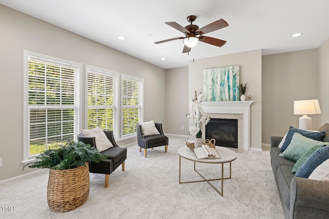 1201 Woodlands Creek Way, Apex, NC 27502 - carpeted living room featuring ceiling fan, recessed lighting, and a high end fireplace