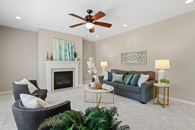 1201 Woodlands Creek Way, Apex, NC 27502 - living area with carpet flooring, ceiling fan, recessed lighting, and a glass covered fireplace