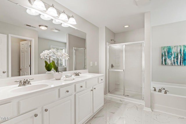 1201 Woodlands Creek Way, Apex, NC 27502 - full bath featuring a shower stall, double vanity, a bath, and marble finish flooring