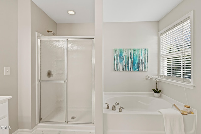 1201 Woodlands Creek Way, Apex, NC 27502 - full bathroom with a shower stall, a bath, and vanity