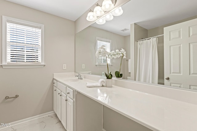 1201 Woodlands Creek Way, Apex, NC 27502 - bathroom featuring vanity, marble finish flooring, and a shower with curtain