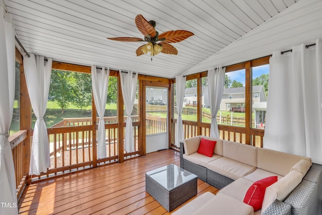 2714 Magnolia Tree Ln, Durham, NC 27703 - sunroom featuring vaulted ceiling, outdoor lounge area, and ceiling fan