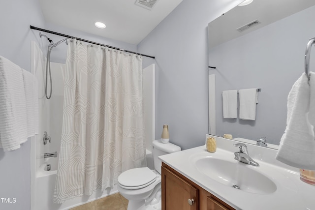 2714 Magnolia Tree Ln, Durham, NC 27703 - bathroom featuring vanity, shower / tub combo with curtain, tile patterned flooring, and recessed lighting