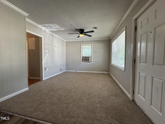 122 S 5th St, Spring Lake, NC 28390 - carpeted empty room featuring crown molding, ceiling fan, a textured ceiling, and cooling unit