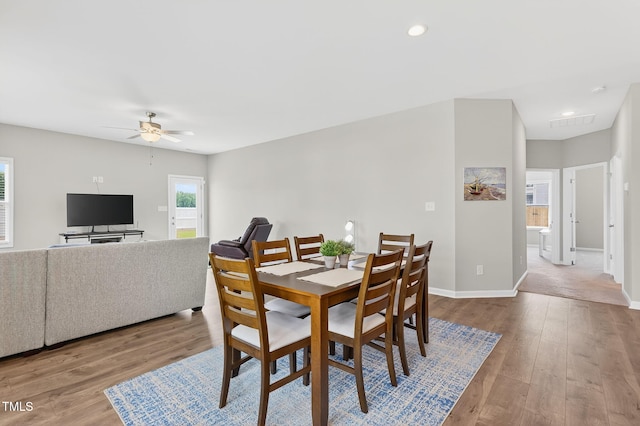 611 Laurel Lake Rd, Salemburg, NC 28385 - dining area with ceiling fan, wood finished floors, and recessed lighting