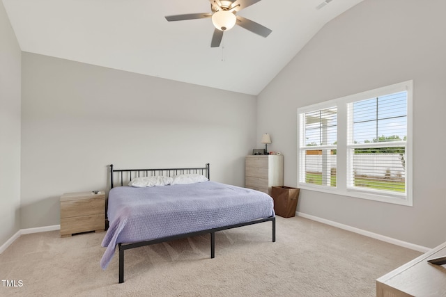 611 Laurel Lake Rd, Salemburg, NC 28385 - bedroom with light carpet, a ceiling fan, and high vaulted ceiling