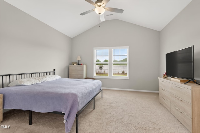 611 Laurel Lake Rd, Salemburg, NC 28385 - bedroom with light colored carpet, vaulted ceiling, and ceiling fan