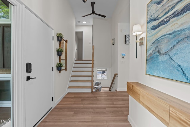 3033 Sylvania Dr, Raleigh, NC 27607 - entrance foyer with recessed lighting, light wood-style floors, a ceiling fan, and plenty of natural light