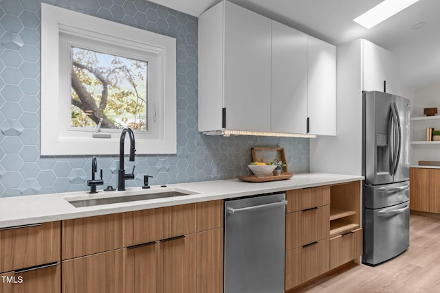 3033 Sylvania Dr, Raleigh, NC 27607 - kitchen with appliances with stainless steel finishes, light wood-type flooring, modern cabinets, backsplash, and white cabinetry