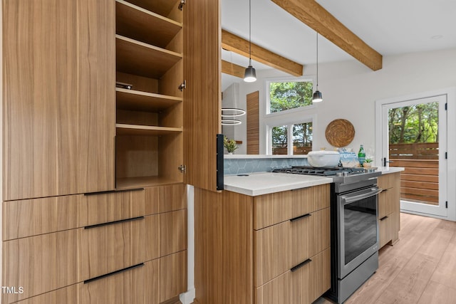 3033 Sylvania Dr, Raleigh, NC 27607 - kitchen with stainless steel stove, modern cabinets, light wood-type flooring, light countertops, and beam ceiling
