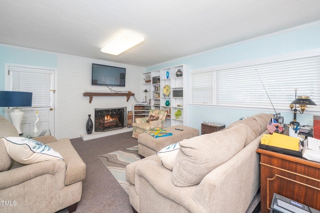 1312 Hampton Valley Rd, Cary, NC 27511 - living area featuring carpet, ornamental molding, and a lit fireplace