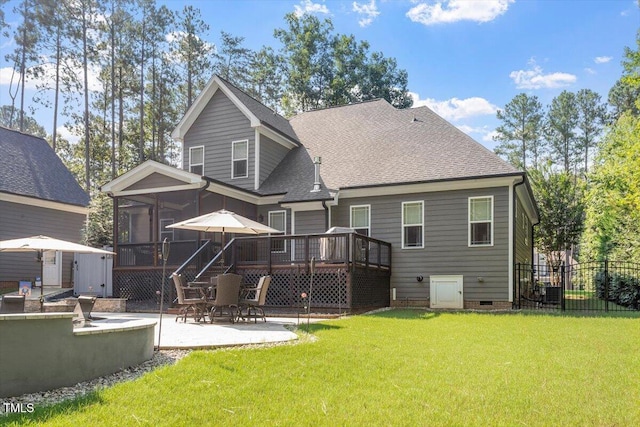1203 Smith Creek Way, Wake Forest, NC 27587 - back of property with a patio, a deck, a sunroom, crawl space, and a shingled roof