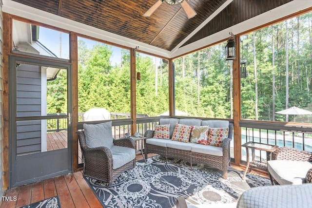 1203 Smith Creek Way, Wake Forest, NC 27587 - sunroom featuring vaulted ceiling, ceiling fan, outdoor lounge area, and plenty of natural light
