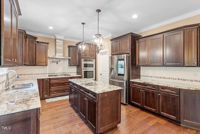 1203 Smith Creek Way, Wake Forest, NC 27587 - kitchen with stainless steel appliances, wall chimney exhaust hood, decorative backsplash, ornamental molding, and recessed lighting