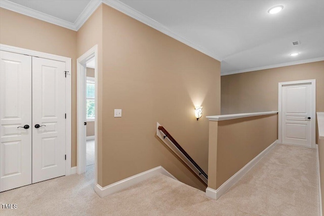 1203 Smith Creek Way, Wake Forest, NC 27587 - hall with an upstairs landing, light colored carpet, ornamental molding, and recessed lighting