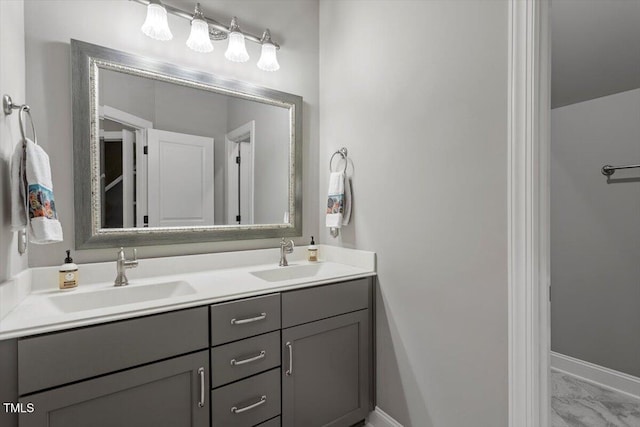 1203 Smith Creek Way, Wake Forest, NC 27587 - bathroom with double vanity and marble look tiles