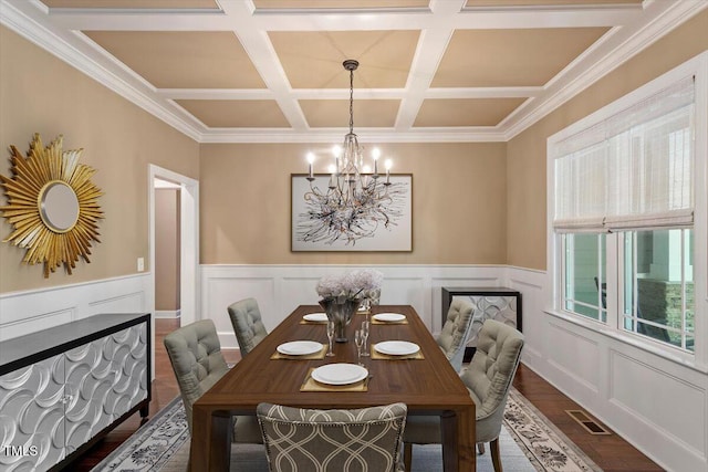 1203 Smith Creek Way, Wake Forest, NC 27587 - dining space featuring a chandelier, coffered ceiling, wood finished floors, a wainscoted wall, and beamed ceiling