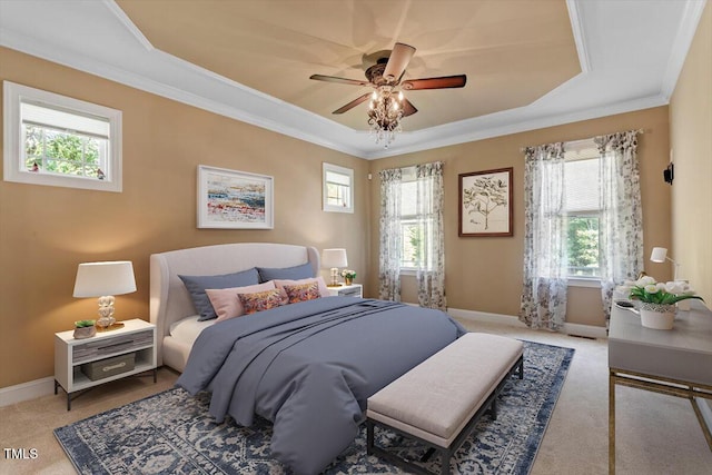 1203 Smith Creek Way, Wake Forest, NC 27587 - carpeted bedroom with a raised ceiling, multiple windows, crown molding, and a ceiling fan