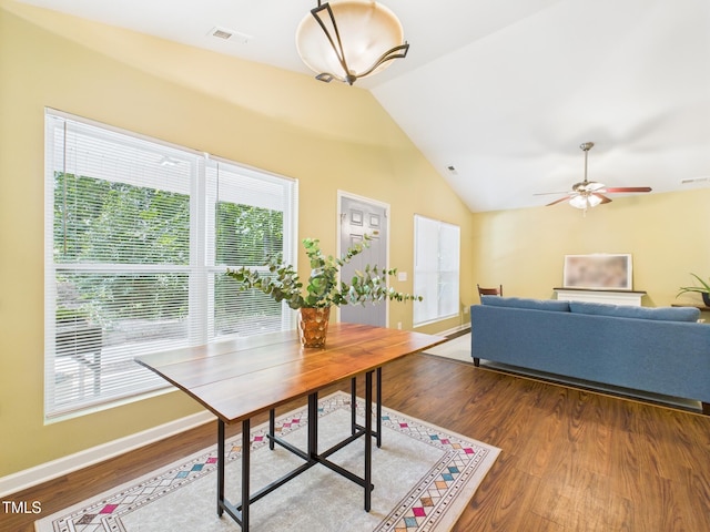 422 Revere Rd, Hillsborough, NC 27278 - dining space featuring healthy amount of natural light, lofted ceiling, wood finished floors, and a ceiling fan