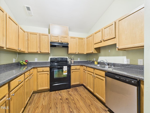 422 Revere Rd, Hillsborough, NC 27278 - kitchen with dishwasher, black range with electric cooktop, light brown cabinets, light wood-style flooring, and under cabinet range hood