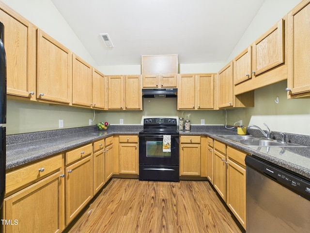422 Revere Rd, Hillsborough, NC 27278 - kitchen with dishwasher, black range with electric cooktop, ventilation hood, light wood finished floors, and dark countertops