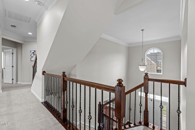 316 Hilliard Forest Dr, Cary, NC 27519 - corridor with an upstairs landing, carpet floors, ornamental molding, and recessed lighting