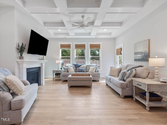820 Whistable Ave, Wake Forest, NC 27587 - living area with ceiling fan, light wood finished floors, beam ceiling, a glass covered fireplace, and coffered ceiling