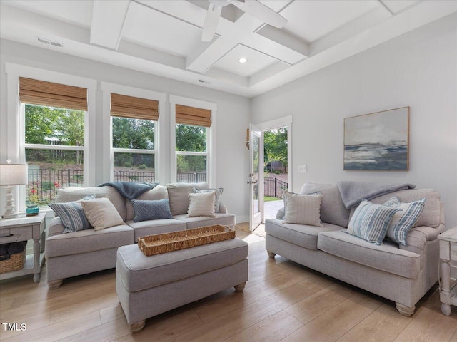 820 Whistable Ave, Wake Forest, NC 27587 - living area featuring coffered ceiling, healthy amount of natural light, light wood-style floors, beam ceiling, and recessed lighting
