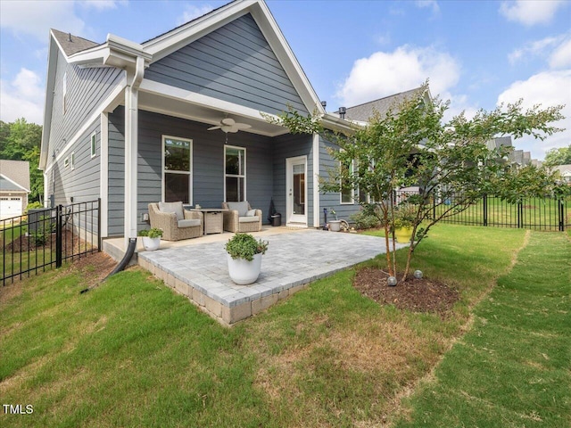 820 Whistable Ave, Wake Forest, NC 27587 - rear view of house with a ceiling fan, an outdoor living space, a fenced backyard, and a patio area
