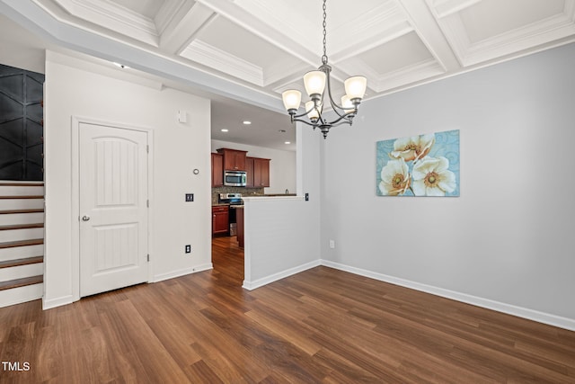 120 Holly Berry Ln, Durham, NC 27703 - unfurnished dining area featuring a chandelier, coffered ceiling, dark wood-style floors, beam ceiling, and recessed lighting
