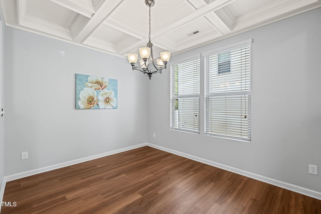 120 Holly Berry Ln, Durham, NC 27703 - empty room featuring coffered ceiling, a chandelier, dark wood-type flooring, beam ceiling, and crown molding