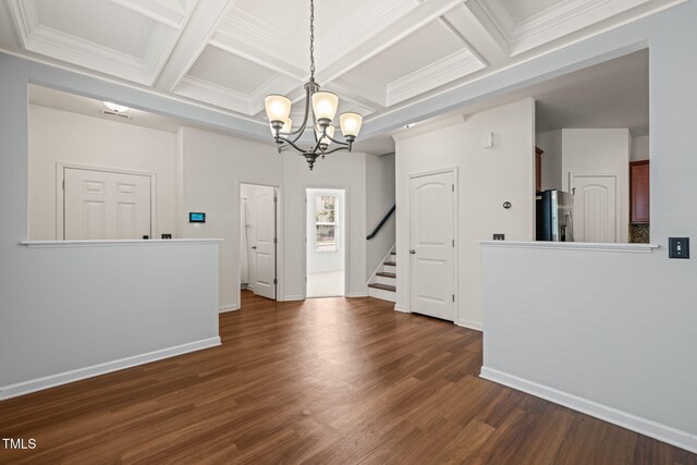 120 Holly Berry Ln, Durham, NC 27703 - unfurnished dining area featuring a chandelier, dark wood-style flooring, coffered ceiling, stairway, and beam ceiling