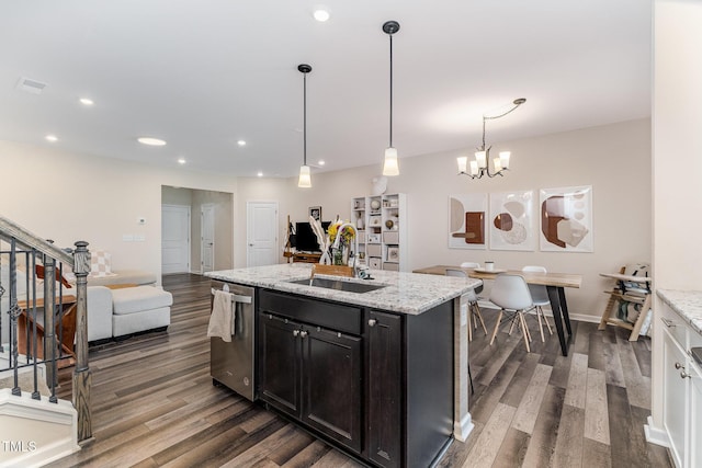 3019 Newfields Pl, Durham, NC 27703 - kitchen featuring stainless steel dishwasher, dark wood finished floors, a chandelier, a center island, and open floor plan