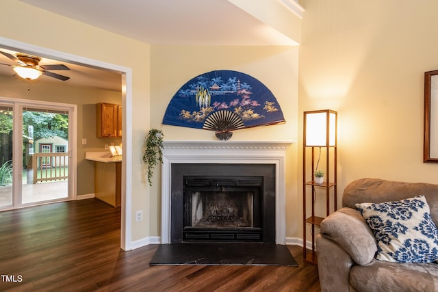 10 Biltmore Pl, Durham, NC 27712 - detailed view of wood finished floors, a fireplace, and ceiling fan