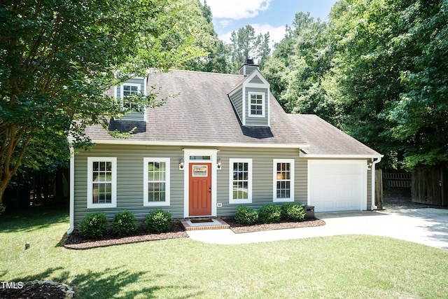 10 Biltmore Pl, Durham, NC 27712 - cape cod home featuring driveway, an attached garage, a shingled roof, and a chimney