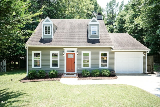 10 Biltmore Pl, Durham, NC 27712 - new england style home with concrete driveway, an attached garage, a chimney, view of wooded area, and roof with shingles