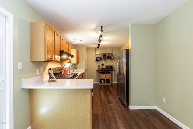 10 Biltmore Pl, Durham, NC 27712 - kitchen featuring appliances with stainless steel finishes, under cabinet range hood, dark wood-style flooring, light countertops, and a peninsula
