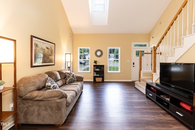 10 Biltmore Pl, Durham, NC 27712 - living room featuring high vaulted ceiling, stairway, and dark wood-style floors