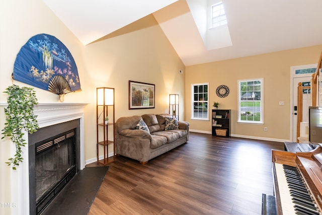 10 Biltmore Pl, Durham, NC 27712 - living room with a glass covered fireplace, high vaulted ceiling, dark wood-style flooring, and plenty of natural light
