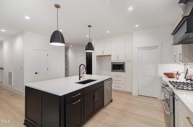 3714 Ode Turner Rd, Hillsborough, NC 27278 - kitchen featuring appliances with stainless steel finishes, premium range hood, light wood-style floors, white cabinetry, and recessed lighting