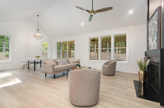 3714 Ode Turner Rd, Hillsborough, NC 27278 - living room with high vaulted ceiling, healthy amount of natural light, ceiling fan, and light wood finished floors