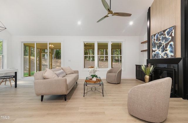 3714 Ode Turner Rd, Hillsborough, NC 27278 - living room with a ceiling fan, healthy amount of natural light, high vaulted ceiling, and light wood-type flooring