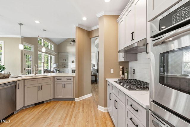 100 Beraneak Ln, Cary, NC 27519 - kitchen featuring stainless steel appliances, crown molding, ceiling fan, tasteful backsplash, and under cabinet range hood