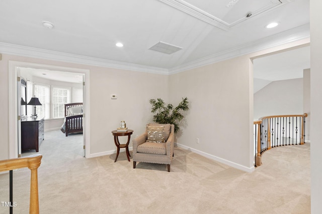 100 Beraneak Ln, Cary, NC 27519 - living area featuring carpet flooring, attic access, crown molding, an upstairs landing, and recessed lighting